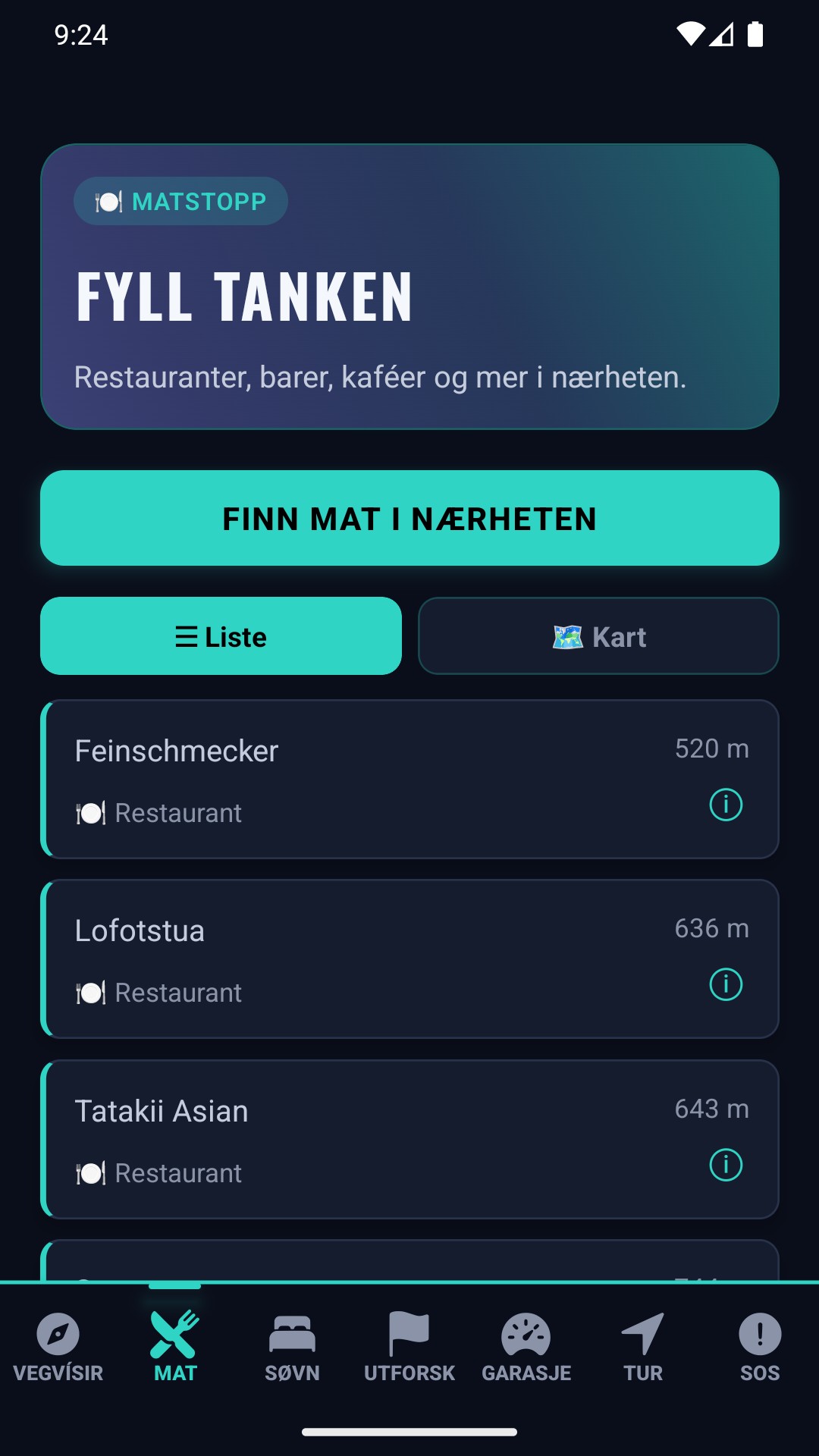 Matstopp-liste — rene, oversiktlige resultater med avstander